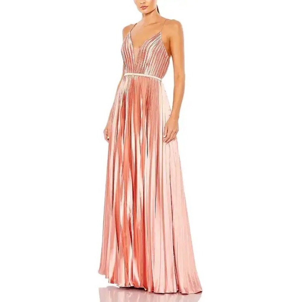 Mac Duggal IEENA Rose Gold Metallic Sunburst Pleated V-Neck Gown 49039Pink/Peach